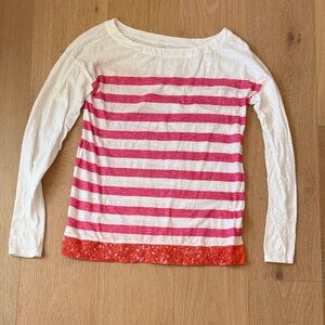 LOFT White Women’s Long Sl. Top with Pink Stripes and Orange Sequin Hem size S